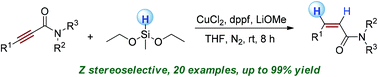 Graphical abstract: CuCl2-catalyzed highly stereoselective and chemoselective reduction of alkynyl amides into α,β-unsaturated amides using silanes as hydrogen donors