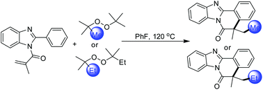 Graphical abstract: Peroxide-mediated synthesis of benzimidazo[2,1-a]isoquinoline-6(5H)-ones via cascade methylation/ethylation and intramolecular cyclization