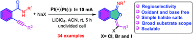 Graphical abstract: Electrochemical synthesis of isobenzofuran-1-imines using oxidative halocyclization of o-alkynylbenzamides