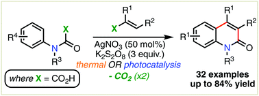 Graphical abstract: Silver-catalysed double decarboxylative addition–cyclisation–elimination cascade sequence for the synthesis of quinolin-2-ones