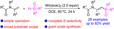 Graphical abstract: Manganese(iii)-promoted highly stereoselective phosphorylation of acyclic tertiary enamides to synthesize E-selective β-phosphoryl enamides