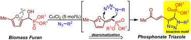 Graphical abstract: The construction of phosphonate triazolyl by copper(ii)-catalyzed furan dearomatized [3 + 2] cycloaddition
