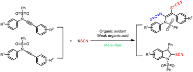 Graphical abstract: Thiocyanate promoted difunctionalization and cyclization of unsaturated C–C bonds to construct 1-sulfur-2-nitrogen-functionalized alkenes and 2-thiocyanate indolines