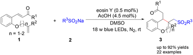 Graphical abstract: Visible light-induced cascade sulfonylation/annulation of ortho-allyloxy chalcones with sodium sulfinates for the synthesis of sulfonated chromane derivatives