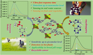 Graphical abstract: An aluminium–organic framework unveiling ultra-sensitive fluorometric detection of pesticide paraoxon-methyl and pharmaceutical drug azathioprine in fruits, vegetables, and wastewater