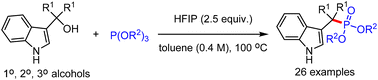 Graphical abstract: HFIP-promoted phosphorylation of indol-3-yl methanols to access (indol-3-yl)methyl phosphonates