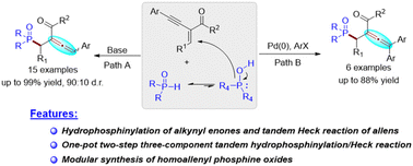 Graphical abstract: Base-promoted regio- and diastereoselective synthesis of tri- and tetra-substituted homoallenyl phosphine oxides via alkynyl enones