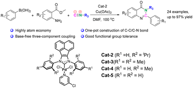Graphical abstract: Cascade synthesis of 2,3-disubstituted quinazolinones from methyl anthranilates, isocyanides and arylboronic acids via NHC–palladium-catalyzed oxidative coupling reactions