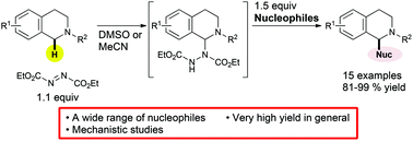 Graphical abstract: Versatile and highly efficient oxidative C(sp3)–H bond functionalization of tetrahydroisoquinoline promoted by bifunctional diethyl azodicarboxylate (DEAD): scope and mechanistic insights