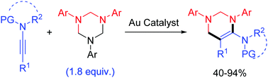 Graphical abstract: Gold-catalyzed intermolecular cyclocarboamination of ynamides with 1,3,5-triazinanes: en route to tetrahydropyrimidines