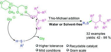 Graphical abstract: Thio-Michael addition of α,β-unsaturated amides catalyzed by Nmm-based ionic liquids