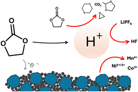 Graphical abstract: An unwanted guest in the electrochemical oxidation of high-voltage Li-ion battery electrolytes: the life of highly reactive protons