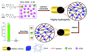 Graphical abstract: Highly hydrophilic polyhedral oligomeric silsesquioxane (POSS)-containing aptamer-modified affinity hybrid monolith for efficient on-column discrimination with low nonspecific adsorption