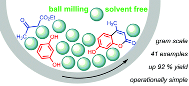 Graphical abstract: Mechanochemical synthesis of coumarins via Pechmann condensation under solvent-free conditions: an easy access to coumarins and annulated pyrano[2,3-f] and [3,2-f]indoles