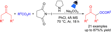 Graphical abstract: Visible light-assisted organocatalytic α-acyloxylation of ketones using carboxylic acids and N-halosuccinimides