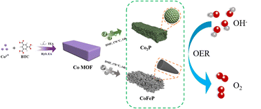 Graphical abstract: Iron-doped cobalt phosphide nanowires prepared via one-step solvothermal phosphidization of metal–organic frameworks for the oxygen evolution reactions
