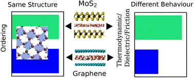 Graphical abstract: Similar structure but different thermodynamic, dielectric, and frictional properties of confined water in twisted 2D materials: MoS2vs. graphene