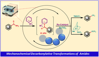 Graphical abstract: Mechanochemical decarbonylative transformation of the amide group into OCF3 and CF3 functionalities under ruthenium catalysis