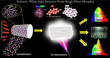 Graphical abstract: Unravelling the white light emission in a single-phase new stoichiometric vanadate phosphor synthesized by rapid low-temperature one-pot synthesis and its W-LED prototype with high CRI and luminous efficacy