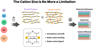Graphical abstract: Decoupling ion size from electrochemistry: cation-size-independent accommodation of Li+ to Cs+ in an amorphous sulfonamide coordination polymer