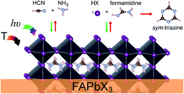 Graphical abstract: Thermal degradation of formamidinium based lead halide perovskites into sym-triazine and hydrogen cyanide observed by coupled thermogravimetry-mass spectrometry analysis