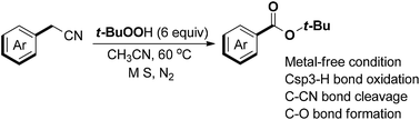Graphical abstract: An efficient method for the preparation of tert-butyl esters from benzyl cyanide and tert-butyl hydroperoxide under the metal free condition