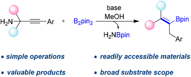 Graphical abstract: Base-promoted synthesis of tetrasubstituted alkenylboronates from propargyl amines and B2pin2via dual 1,4-metallate shift and B–N elimination