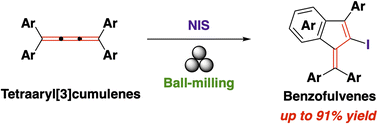 Graphical abstract: Mechanochemical transformation of tetraaryl[3]cumulenes to benzofulvenes via electrophilic iodocyclization