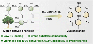 Graphical abstract: Selective hydrodeoxygenation of lignin phenolics to cyclohexanols over low-Ru catalysts