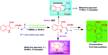 Graphical abstract: l-Proline catalyzed stereoselective synthesis of (E)-methyl-α-indol-2-yl-β-aryl/alkyl acrylates: easy access to substituted carbazoles, γ-carbolines and prenostodione