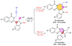 Graphical abstract: An unexpected transition-metal free regioselective cyclization of alkynyl-tethered indoles to prepare indole-fused azepino[2,1-b]quinazolinones and spiroindole-pyrrolo[2,1-b]quinazolinones