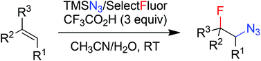 Graphical abstract: Transition-metal-free, room-temperature radical azidofluorination of unactivated alkenes in aqueous solution