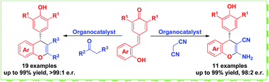 Graphical abstract: Asymmetric synthesis of chromene skeletons via organocatalytic domino reactions of in situ generated ortho-quinone methide with malononitrile and β-functionalized ketone