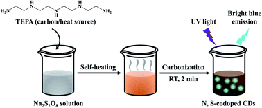 Graphical abstract: Carbon source self-heating: ultrafast, energy-efficient and room temperature synthesis of highly fluorescent N, S-codoped carbon dots for quantitative detection of Fe(iii) ions in biological samples