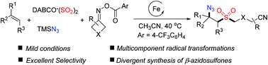 Graphical abstract: An iron-catalyzed multicomponent reaction of cycloketone oxime esters, alkenes, DABCO·(SO2)2 and trimethylsilyl azide