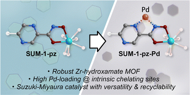 Graphical abstract: A Zr-hydroxamate metal–organic framework with intrinsic chelating sites for postsynthetic Pd metalation and Suzuki–Miyaura catalysis