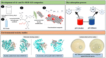 Graphical abstract: Unveiling the dye adsorption capability of Moringa oleifera functionalized hybrid porous MOF–GO composites: in vitro and in silico ecotoxicity assessment via antibacterial and molecular docking studies