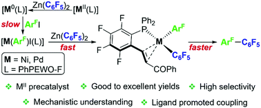 Graphical abstract: Selective synthesis of fluorinated biaryls by [MCl2(PhPEWO-F)] (M = Ni, Pd) catalysed Negishi cross-coupling