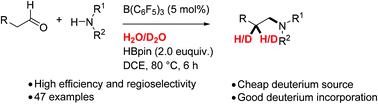 Graphical abstract: B(C6F5)3-catalyzed tandem protonation/deuteration and reduction of in situ-formed enamines