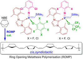 Graphical abstract: Vanadium(v) arylimido alkylidene N-heterocyclic carbene complexes containing fluorinated alkoxide or halogenated phenoxide ligands for the syndiospecific ROMP of cyclic olefins
