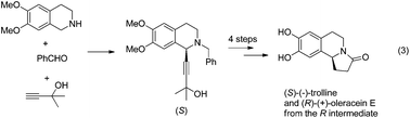 Graphical abstract: Enantioselective synthesis of naturally occurring isoquinoline alkaloids: (S)-(−)-trolline and (R)-(+)-oleracein E