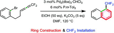 Graphical abstract: Synthesis of (difluoromethyl)naphthalenes using the ring construction strategy: C–C bond formation on the central carbon of 1,1-difluoroallenes via Pd-catalyzed insertion