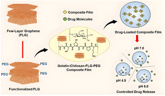 Graphical abstract: A study on drug delivery and release kinetics of polyethylene glycol-functionalized few-layer graphene (FLG) incorporated into a gelatin–chitosan bio-composite film