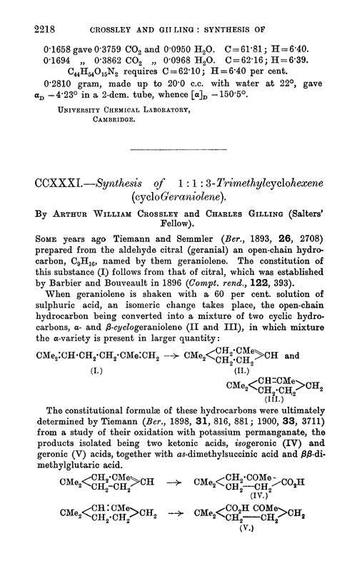 CCXXXI.—Synthesis of 1 : 1 : 3-trimethylcyclohexene (cyclogeraniolene)