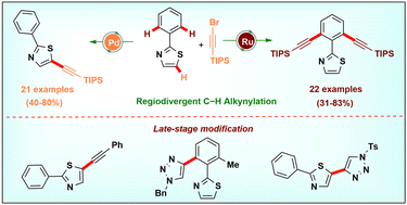 Graphical abstract: Regiodivergent C–H alkynylation of 2-arylthiazoles switched by RuII and PdII catalysis