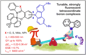 Graphical abstract: Strongly fluorescent spiro-type tetracoordinate complexes of dibenzo[b,e][1,4]thiaborinine dioxide with functionalized 2-(benzo[d]heterazol-2-yl)phenolate ligands displaying TADF