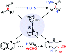 Graphical abstract: Hydrosilylation and Mukaiyama aldol-type reaction of quinolines and hydrosilylation of imines catalyzed by a mesoionic carbene-stabilized borenium ion