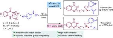 Graphical abstract: Metal-free, photoredox-catalyzed aromatization-driven deconstructive functionalization of spiro-dihydroquinazolinones with α-CF3 alkenes