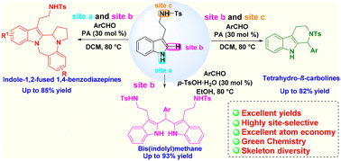 Graphical abstract: Diversity-oriented synthesis of indole-fused scaffolds and bis(indolyl)methane from tosyl-protected tryptamine
