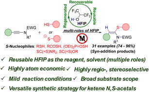 Graphical abstract: HFIP-mediated, regio- and stereoselective hydrosulfenylation of ynamides: a versatile strategy for accessing ketene N,S-acetals